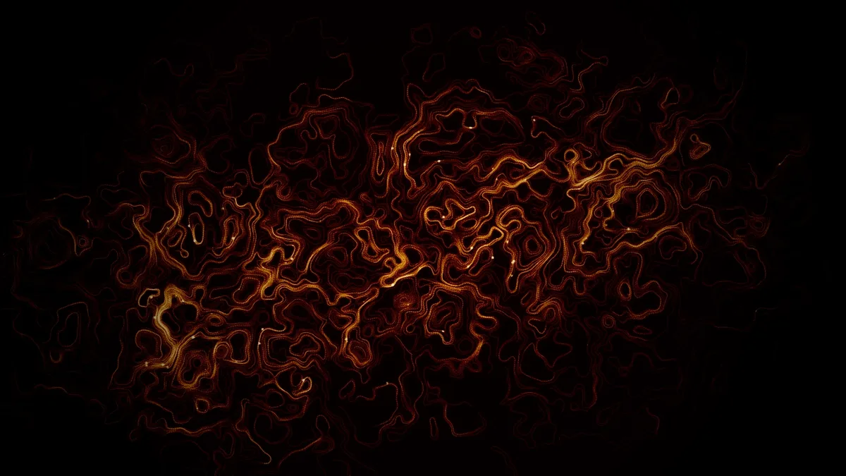Winding amber and gold threads meander across a black background, like glowing veins or current lines in a fluid field.