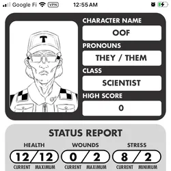 Character sheet for a Mothership RPG scientist named OOF