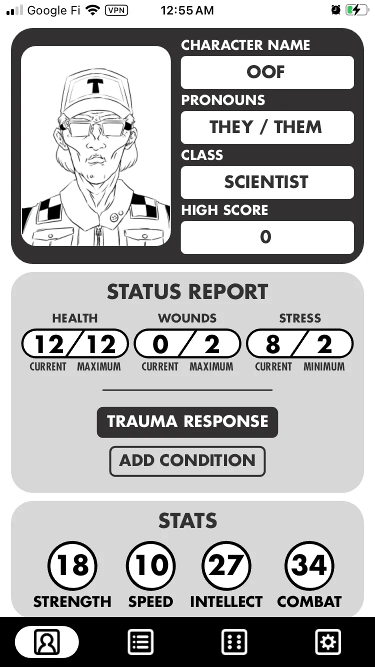 Character sheet for a Mothership RPG scientist named OOF