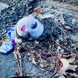 Discarded doll head and debris resting on a steel grate.
