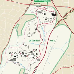 Trail map of Greenbelt Park showing the Perimeter Trail and campgrounds