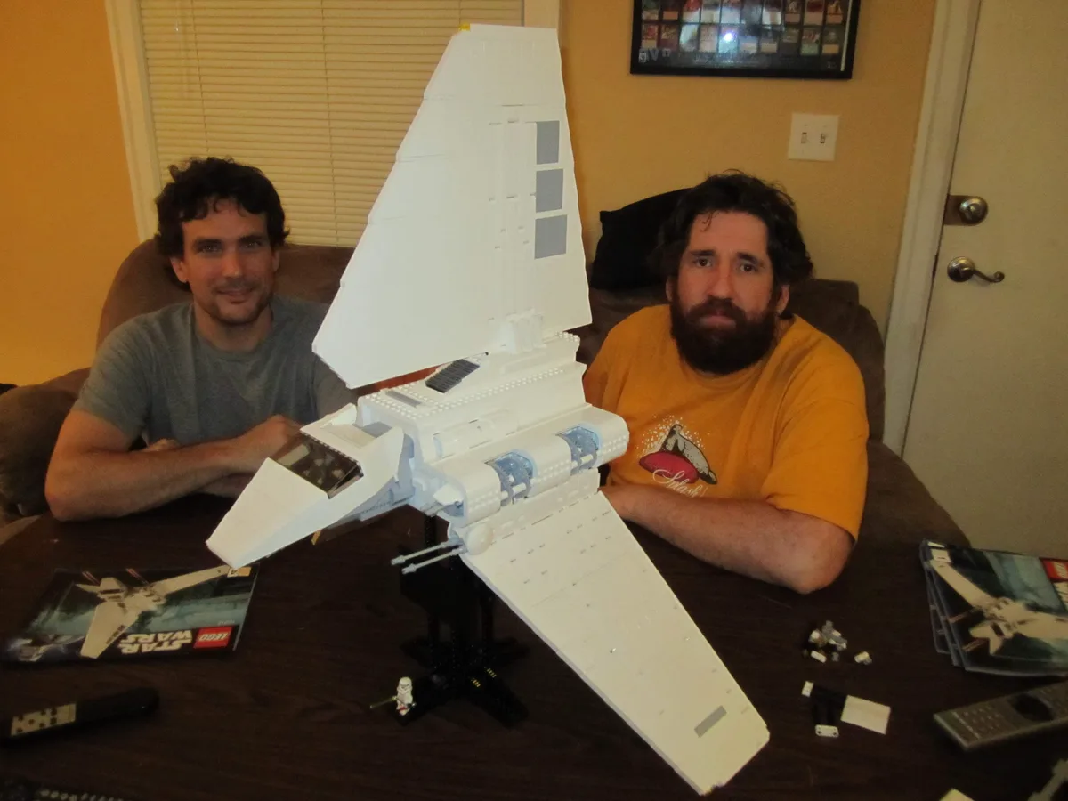 Thad and his brother-in-law Yes Serious with a finished LEGO Imperial Shuttle