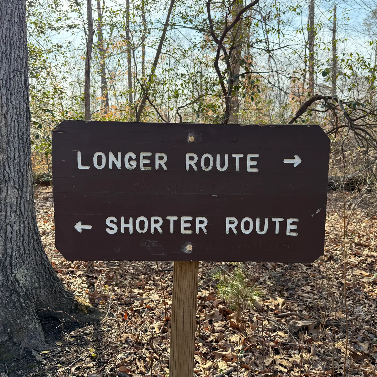 Wooden trail sign pointing to longer route and shorter route