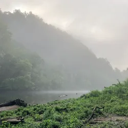 Foggy morning view of the river at Caney Fork, Tennessee