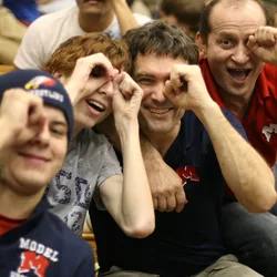 Wrestlers Albert and Ilan with coaches Thad and Tairbek making funny faces