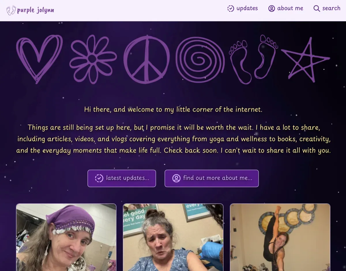 Screenshot of the Purple Ink theme homepage, with hand drawn purple symbols, a welcome message, and three photos of Jolynn.