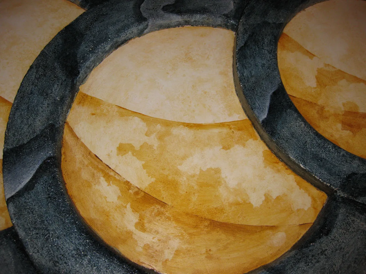 Detail of one of Dried Up's circles, base coat painted, ready for the thick medium layer.