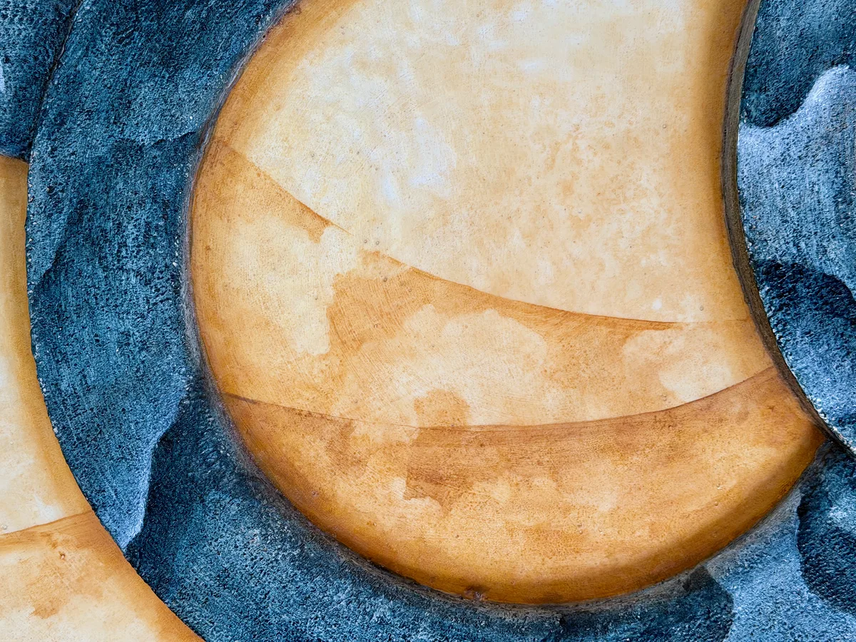 Detail shot of the completed painting Dried Up, highlighting the layered gold and blue surface.