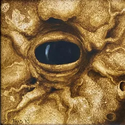 Painting titled Elder's Eye, showing an octopus-like eye surrounded by rock-like textured skin.