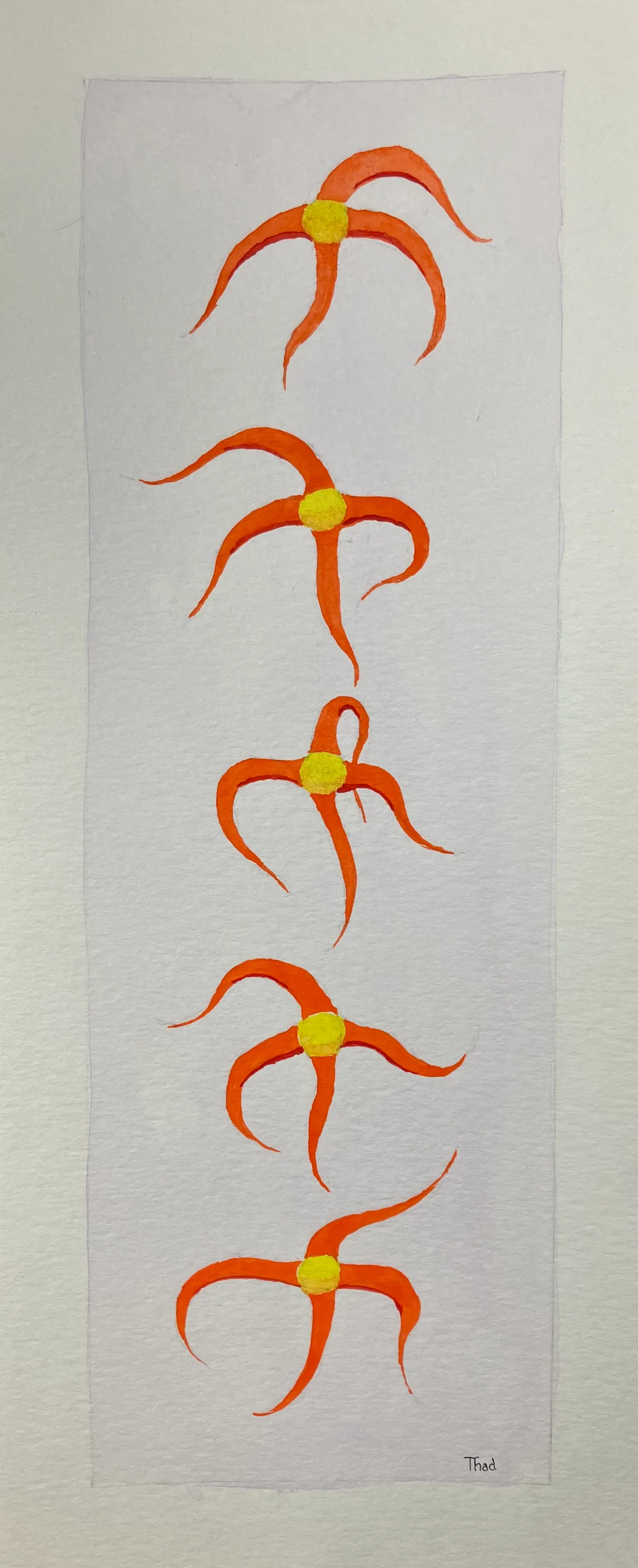 A tall, narrow watercolor of five orange star shapes with curling arms and yellow centers.