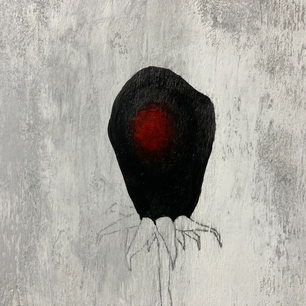 Painted panel showing a black seed pod shape with a red glow at its center, sketched dried petals below in pencil.