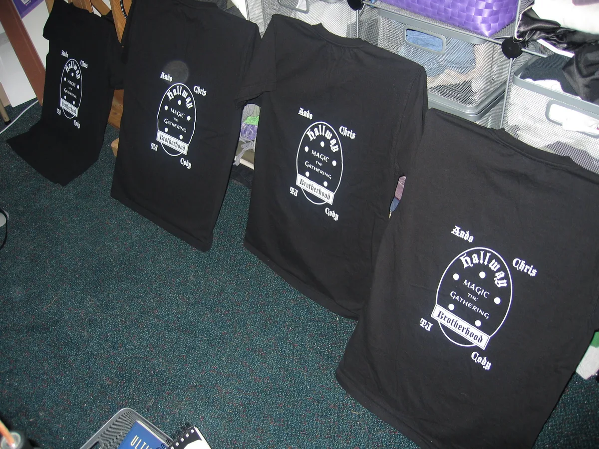Four finished Hallway Brotherhood shirts before airbrushing