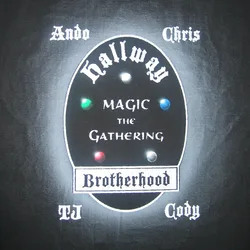 Hallway Brotherhood Magic the Gathering shirt design with Ando, Chris, TJ, and Cody