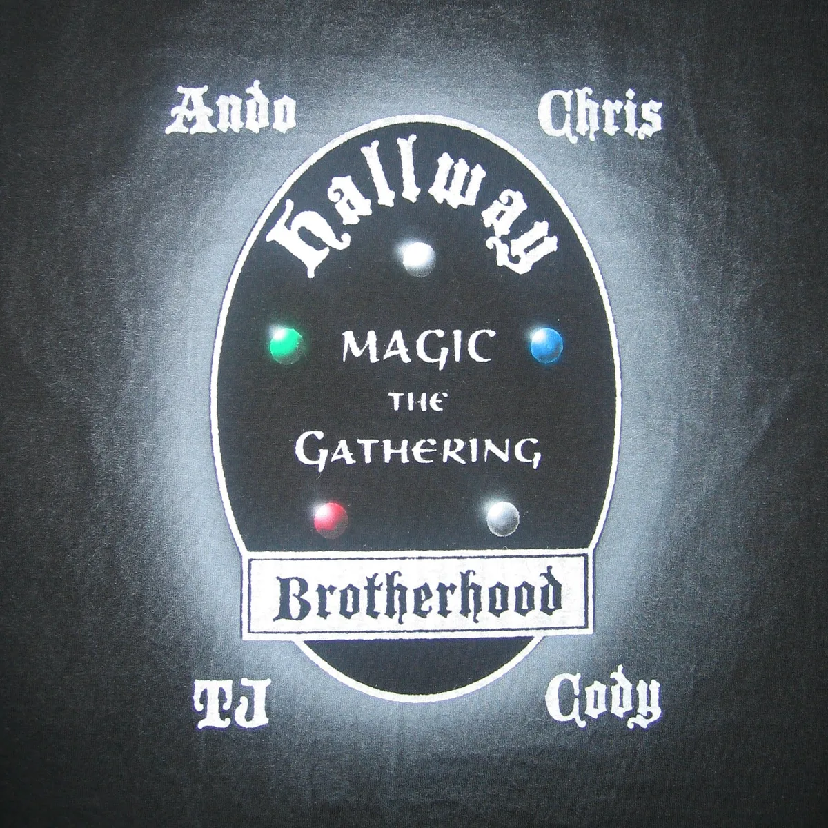 Hallway Brotherhood Magic the Gathering shirt design with Ando, Chris, TJ, and Cody