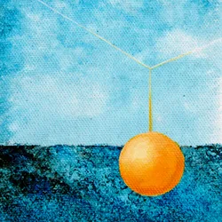 Abstract painting of an orange sphere hanging over water by thin lines.