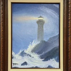 Framed oil painting of a lighthouse with waves crashing against rocks