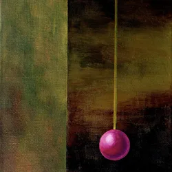 Purple sphere on a thin green line against a dark green and brown abstract background