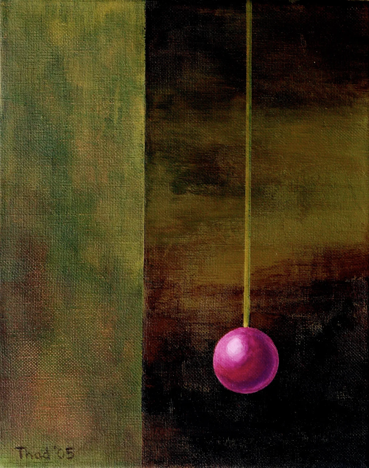 Purple sphere on a thin green line against a dark green and brown abstract background