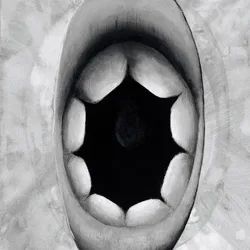 Grayscale painting titled That's How I Read Your Lips, showing an extreme close-up of an open mouth.
