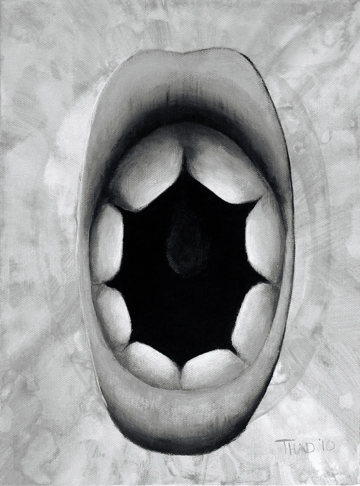 Grayscale painting titled That's How I Read Your Lips, showing an extreme close-up of an open mouth.