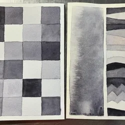 Two watercolor paintings in shades of gray, one a checkerboard pattern, one abstract bands