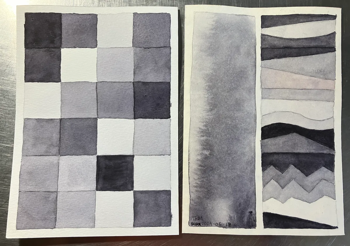 Two watercolor paintings in shades of gray, one a checkerboard pattern, one abstract bands