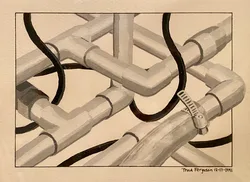 Painting of tangled metal pipes and a black hose with a clamp