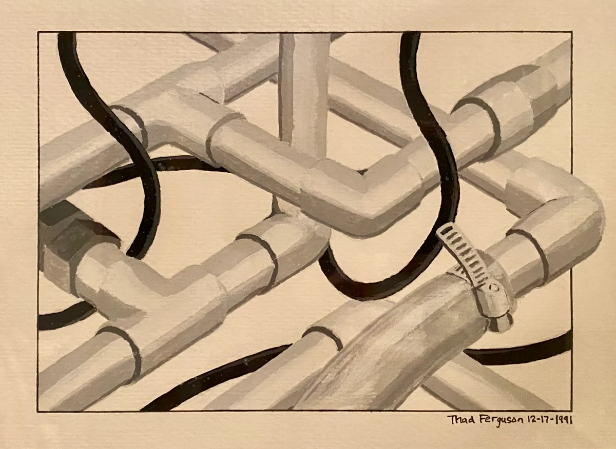 Painting of tangled metal pipes and a black hose with a clamp