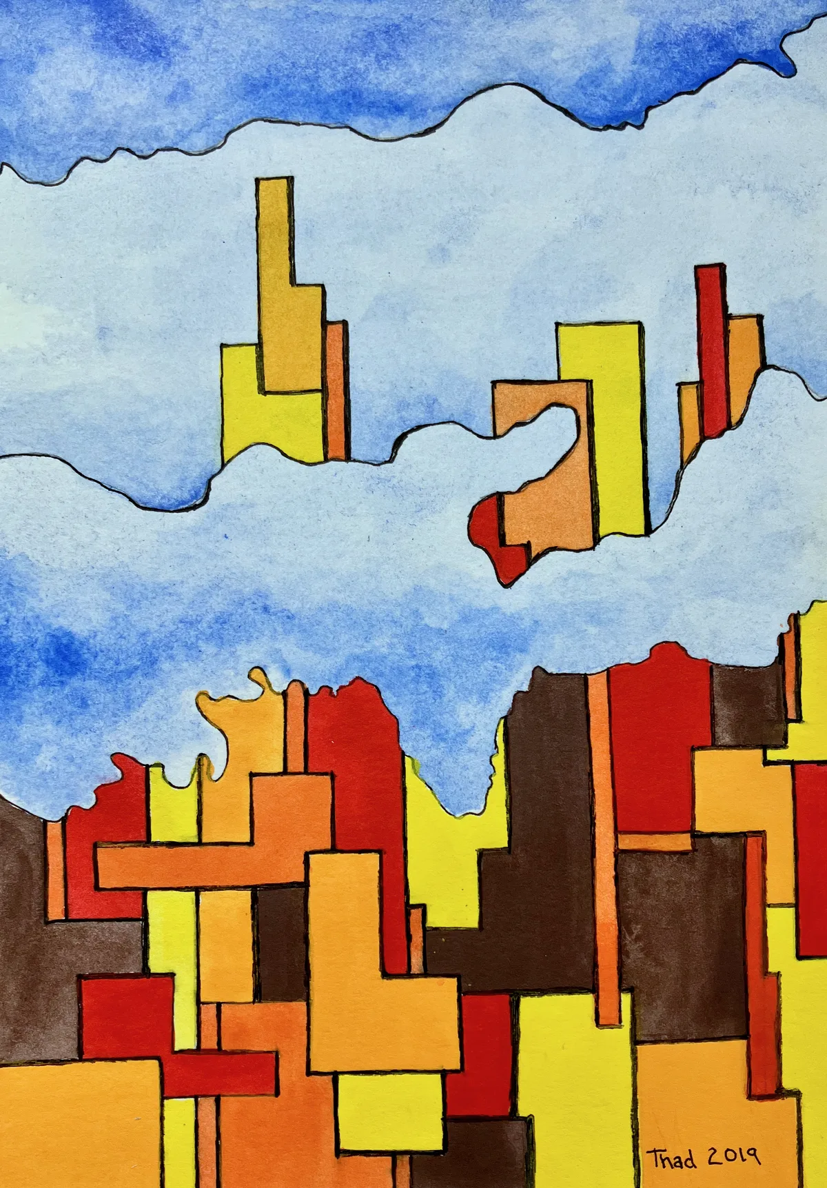 A watercolor and pen sketch of stylized city buildings in warm tones, with skyline shapes rising into a blue sky.
