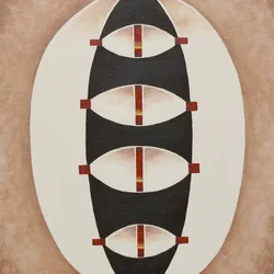 Untitled abstract acrylic painting with four repeating almond shapes stacked vertically inside a large oval.