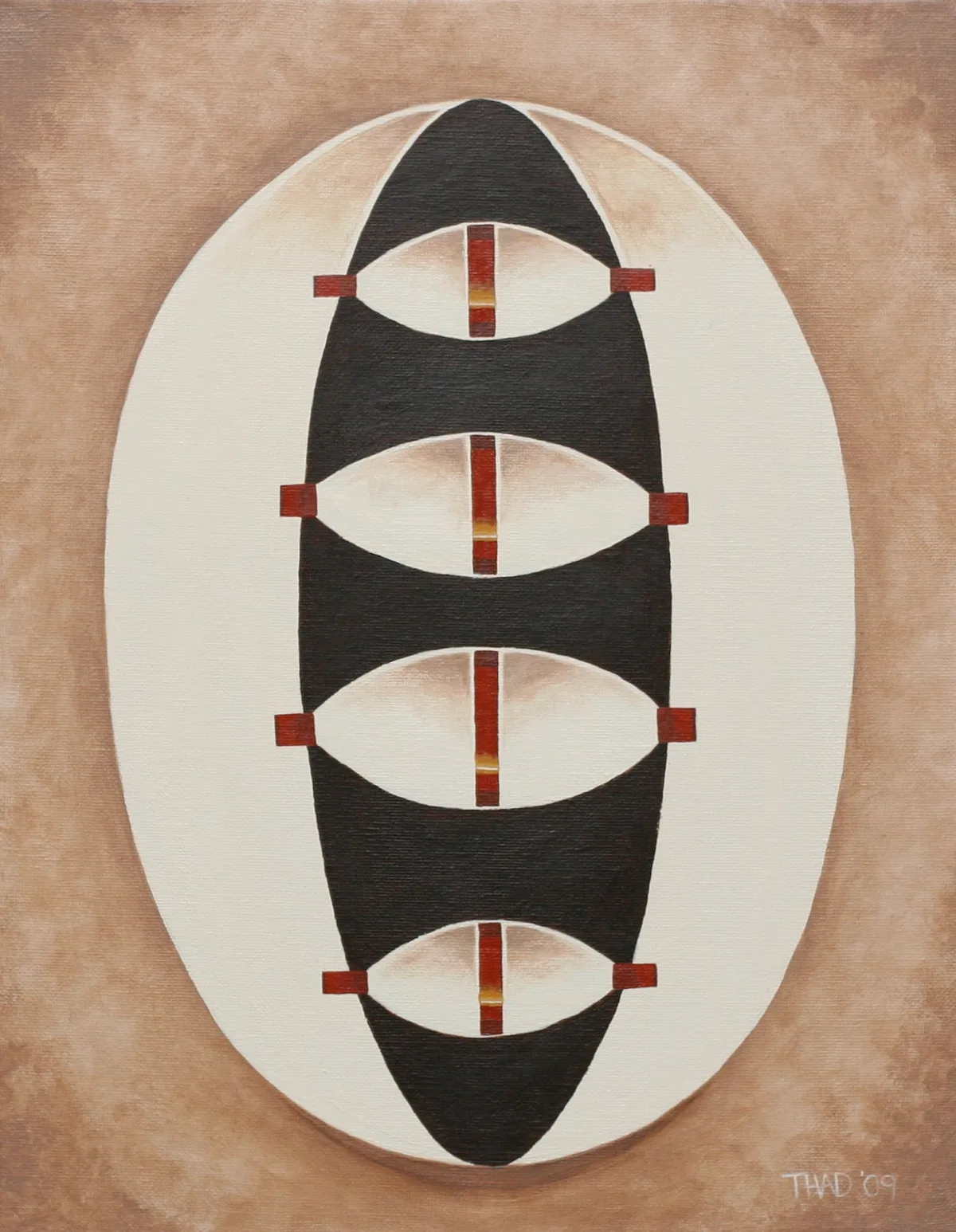 Untitled abstract acrylic painting with four repeating almond shapes stacked vertically inside a large oval.