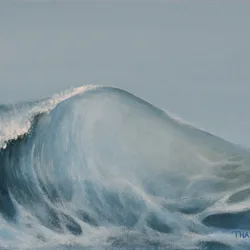 Acrylic painting of a curling ocean wave with white foam